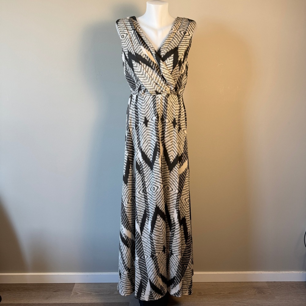 Banana Republic Sleeveless Pintuck Bodice Geometric Maxi Dress Black Off-White 6